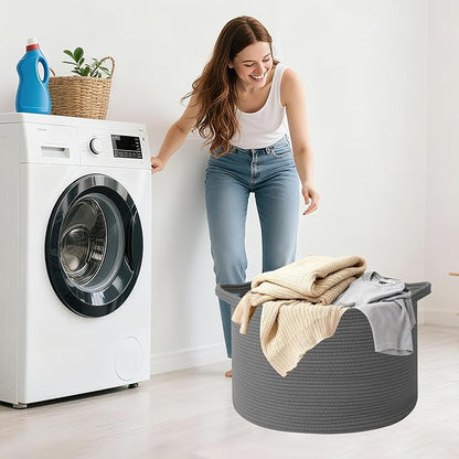 115L Large Blanket Basket,23.6" L x 23.6" W x 15.7" H Rope Woven Baskets with Handles, Toys Storage Bins,Laundry Basket Perfect for Living Room, Nursery,Bedroom,Home Organization,Dark Gry