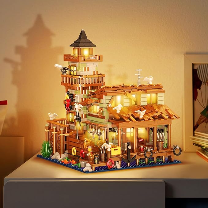 1881PCS Fishing Village Wood Cabin mini Building Blocks Toys with Led Lighting,Creative Ideals Fishing House Building Sets, Best Choice for 6+ Boys, Girls or Adults(Not Compatible with Lego)