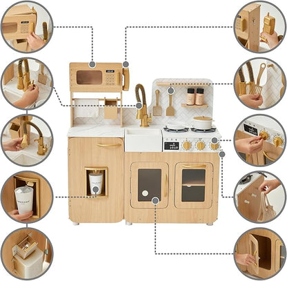 Teamson Kids Little Chef Cyprus Medium Wooden Play Kitchen with Interactive, Realistic Features, and 14 Kitchen Accessories for 3yrs and up, Light Oak/Faux White Marble/Gold