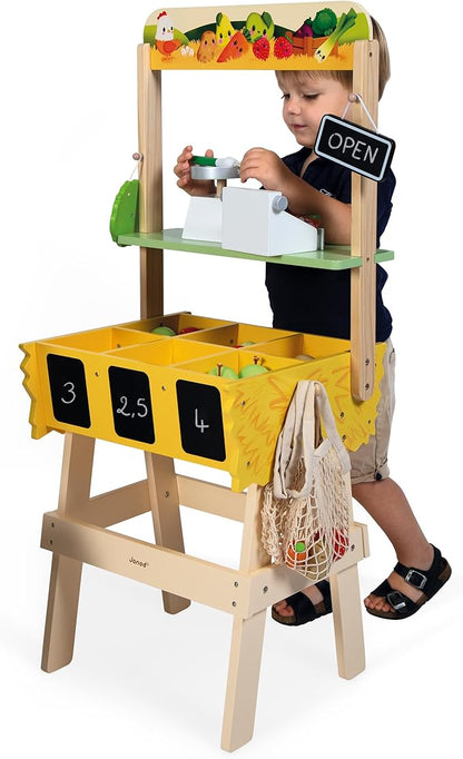 Janod - Children's Merchant Farm Market - Imitation Game for Children - 32 Accessories - Develops Imagination - FSC Wooden Toy - Water Painting - Suitable for Ages 3 and Above - J03322