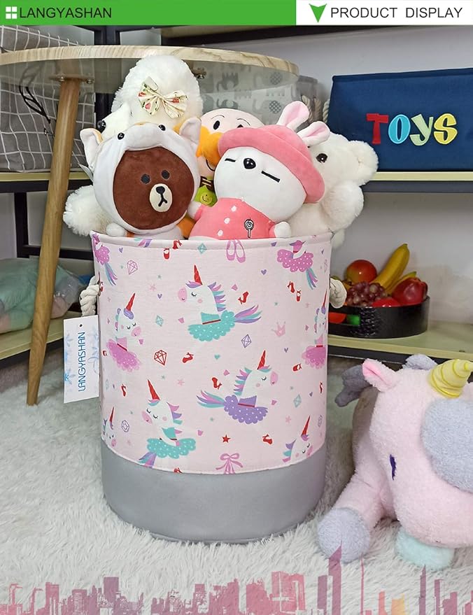 LANGYASHAN Laundry Basket Canvas Collapsible Organizer Storage Basket for Boys Girls Hamper Toy Bins Gift Bedroom Clothes Children Nursery (Pink Dancing Unicorn)