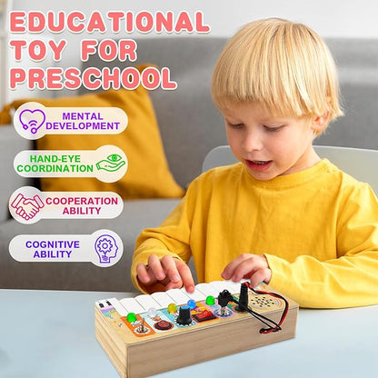 Busy Board Toys for Toddlers, Wooden Montessori Toys with Keys 6 Led Light Switch for Toddlers, Sensory Board Toys Educational Activity, Travel Toys & Gifts for Kids Boys and Girls 3+ Year Old