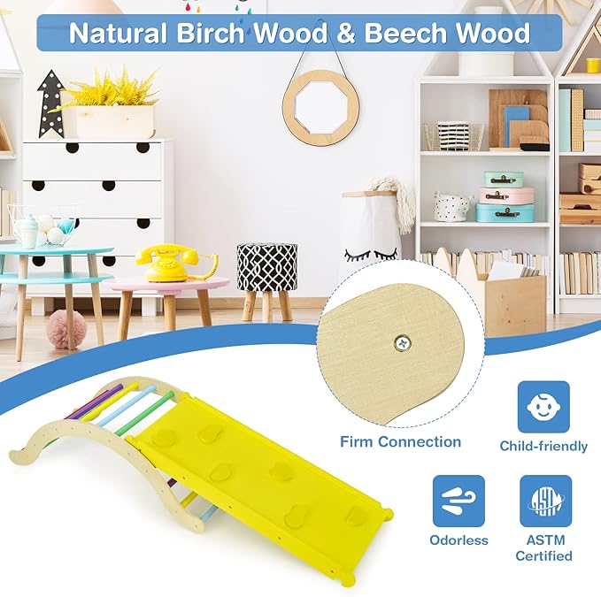 HONEY JOY Wooden Ladder Arch for Climbing, 3 in 1 Kids Climber Ladder & Rocker Board w/Cushion Pad, Toddler Climbing Toy Set for Playground, Gym & Daycare, Gift for Boys Girls(Colorful)