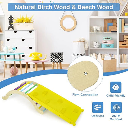 HONEY JOY Wooden Ladder Arch for Climbing, 3 in 1 Kids Climber Ladder & Rocker Board w/Cushion Pad, Toddler Climbing Toy Set for Playground, Gym & Daycare, Gift for Boys Girls(Colorful)