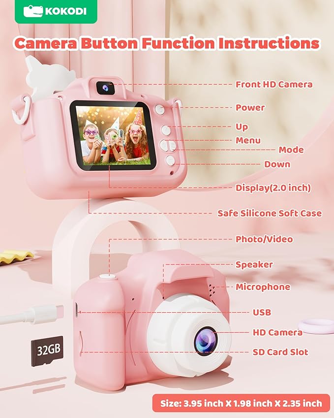 KOKODI Kids Camera Toy Digital Camera for Kids, Birthday Gifts for Girls Age 3-12, 1080P HD Video Camera for Toddler, Unicorn Children Toys for 3 4 5 6 7 8 9 Year Old Girls with 32GB SD Card