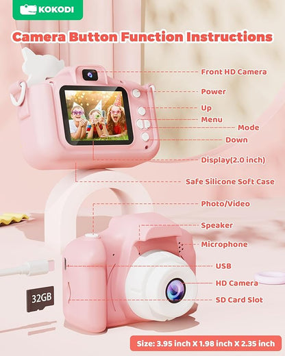 KOKODI Kids Camera Toy Digital Camera for Kids, Birthday Gifts for Girls Age 3-12, 1080P HD Video Camera for Toddler, Unicorn Children Toys for 3 4 5 6 7 8 9 Year Old Girls with 32GB SD Card