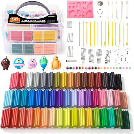 Shuttle Art Polymer Clay Kit, 50 Colors, Soft Oven Clay Kit, 19 Carving Tools and 10 Kinds of Accessories, Non-Stick, Non-Toxic, Ideal Gift for Kids
