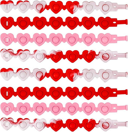 12pcs Valentine Heart-shaped Rubber Wristbands, Valentine's Day Pink Silicone Bracelets Red Sensory Wristband Pop Fidget Bracelet for Kids Students Party Favors Classroom Gift Exchange