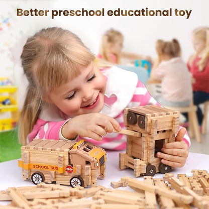 Jovi-mindly Wooden Blocks Wooden Train Set 101 PCS Create 40+ Shapes,Wooden Toys Educational Wooden Building Blocks Wooden Puzzles for Kids Ages 4-8 Boys and Girls,Truck/Excavator,FSC Certified