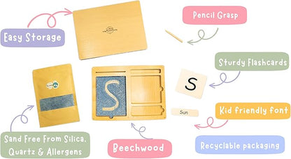 Montessori Sand Tray for Kids 3 4 5 6 Years Old Sand Writing Tray Learning Sensory Toy Educational Alphabet and Phonic Words Comes with Sand, Tray, Lid, 2 Sets of Flashcards, Stylus (Dark Blue)