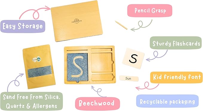 Montessori Sand Tray for Kids 3 4 5 6 Years Old Sand Writing Tray Learning Sensory Toy Educational Alphabet and Phonic Words Comes with Sand, Tray, Lid, 2 Sets of Flashcards, Stylus (Charcoal)