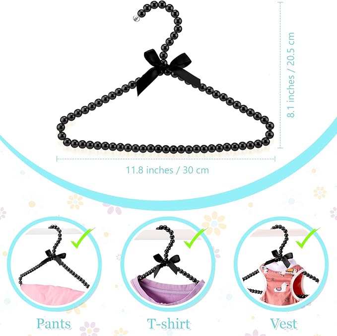 Threan Pearl Beaded Clothes Hanger Mini Pearl Beads Small Metal Clothes Hangers with Ribbon Standard for Kids Baby Children Pet Dog(Black,12 Pcs)