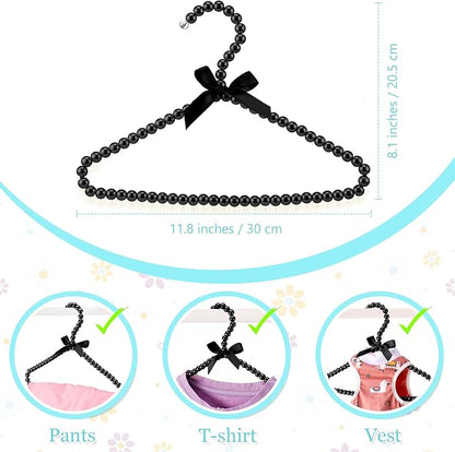 Threan Pearl Beaded Clothes Hanger Mini Pearl Beads Small Metal Clothes Hangers with Ribbon Standard for Kids Baby Children Pet Dog(Black,12 Pcs)