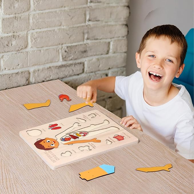 Wooden Body Puzzles for Kids, Toddler Montessori 14 Pieces Boy Anatomy Puzzle, Human Body Learning Toy with Internal Organs Early STEM Educational Toy for Boys and Girls Ages 3 4 5 6 Years Old
