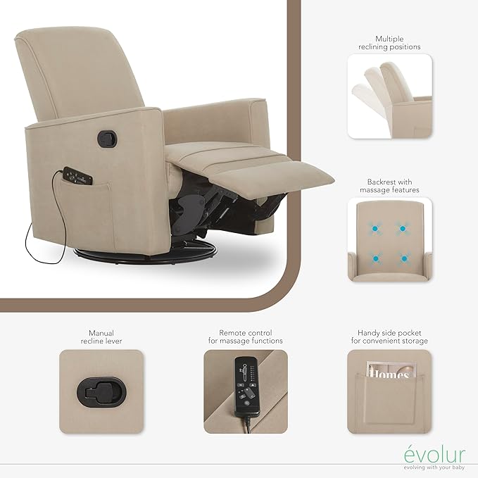 Evolur Raleigh Glider with Massager in Charcoal, Upholstered Plush Seating 360° Swivel Glider Rocking Chair, FSC Certified, Greenguard Gold & JPMA Certified Nursery Glider Recliner