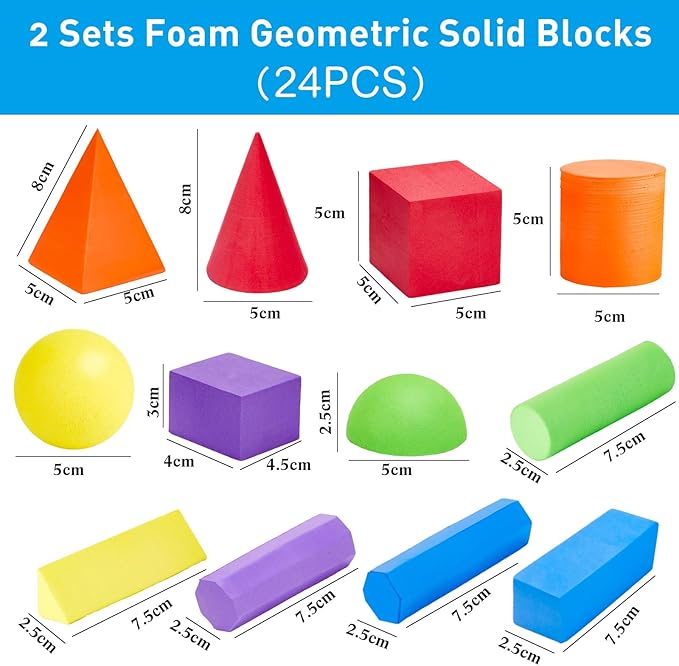 Wettarn 24 Pieces Large Size Foam Geometric Solid Blocks 3D Shapes Assorted Colors Foam Blocks for Teaching School, Family, Toddlers, Preschool Supplies, 12 Shapes