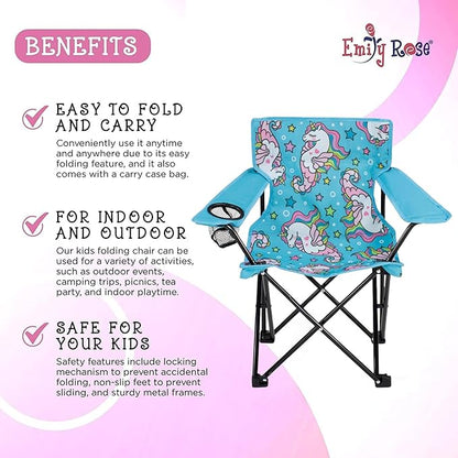 Emily Rose Kids Folding Chair | Beach Chair with Safety Lock- Camping Chair for Boyos Girls Toddler with Cup Holder & Carry Case- Tailgate, Travel, Lawn- for Indoor & Outdoor (Sea Unicorns)