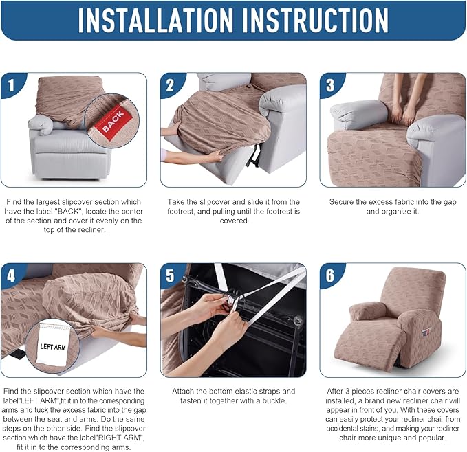 TAOCOCO Recliner Cover 3 Pieces Recliner Chair Covers, Stretch Jacquard Reclining Chair Cover, Furniture Protector Sofa Slipcovers Couch Covers with Elastic Bottom for Kids, Pets (Khaki)