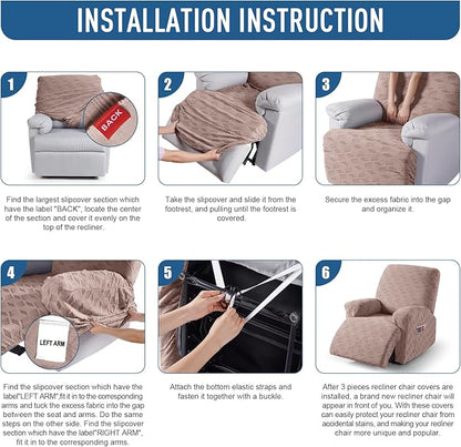 TAOCOCO Recliner Cover 3 Pieces Recliner Chair Covers, Stretch Jacquard Reclining Chair Cover, Furniture Protector Sofa Slipcovers Couch Covers with Elastic Bottom for Kids, Pets (Khaki)