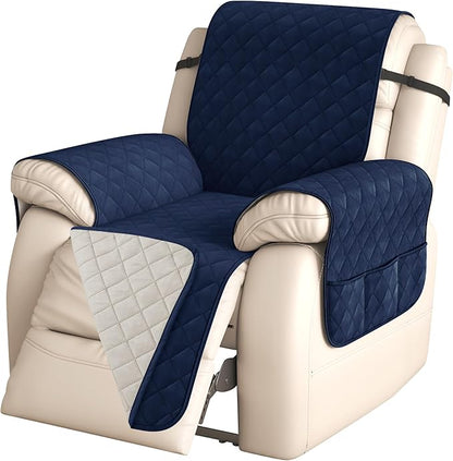 CHUN YI Recliner Chair Cover, Non-Slip Recliner Covers That Stay in Place, Washable Lazy Boy Recliner Covers with Pockets, Water Resistant Recliner Slipcover for Pets (Navy, Large Recliner)