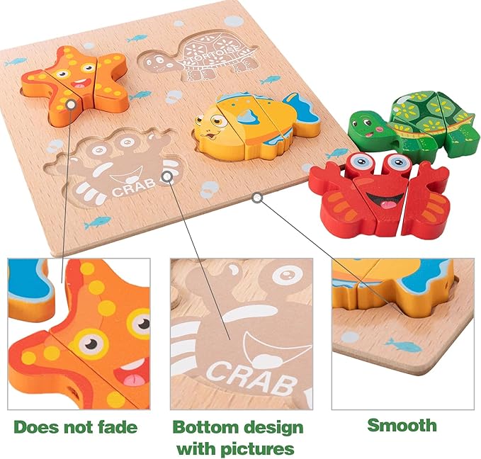 CUCOS Wooden Toddler Puzzles for Kids Ages 1-5 Years Old, Wooden Peg Marine Life Toddler Puzzles, Learning Toys Educational Gift for Girls and Boys