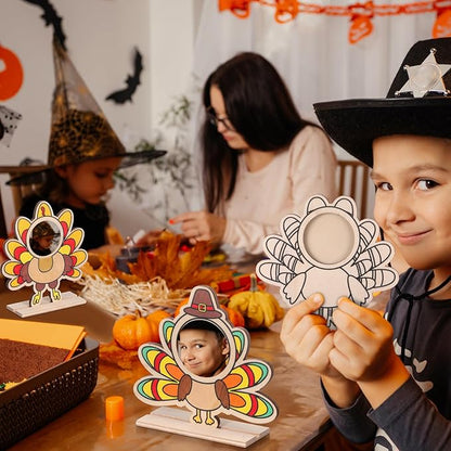 Jetec 12 Sets Thanksgiving Turkey Craft for Kids Color Your Own Thanksgiving Wooden Picture Frame Craft DIY Thanksgiving Turkey Wood Decorations Craft for Classroom Home Activities Party Favor Gifts