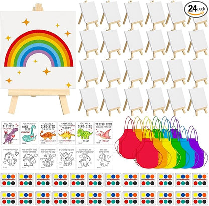 Gosodeny 24 Sets Valentines Watercolor Paint Set Painting Cards Painting Canvas Panel with Wooden Easel Watercolor Paint Painting Brush Kit Valentines Day Cards Packaging Bag Set Gifts