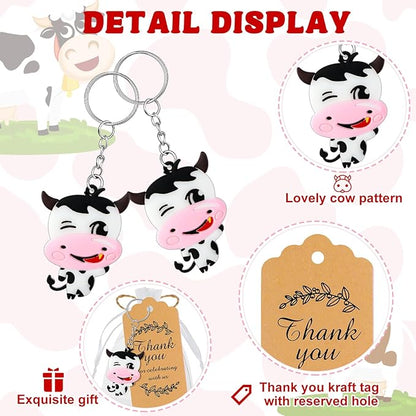 Sasylvia 144 Pcs Cow Party Supplies Include 36 Sets Cow Keychain Thanks Kraft Tags Rubber Bracelets White Organza Bags Cow Party Favors Cow Themed Party Decorations for Baby Shower Girl Boy