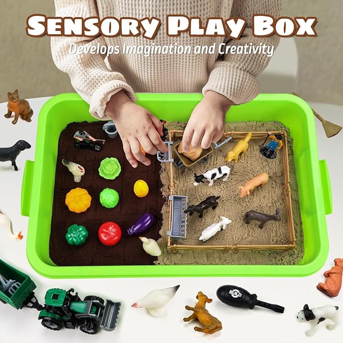 Aprilwolf 69 PCS Farm Sensory Bin Toys Playset, Sandboxes with Sand, Farmer Tractor & Farm Animals Figures Toys for Kids 3 4 5, Gifts for 6 7 Years Old Boys Girls Toddlers