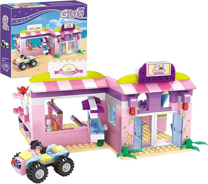 BRICK STORY Girls Friends Ice Cream Shop Building Set Pink Beach Ice Cream Dessert Store Building Blocks Toys with Beach Buggy Friends Beach Vacation Playset for Kids 6-12, 317 Pieces