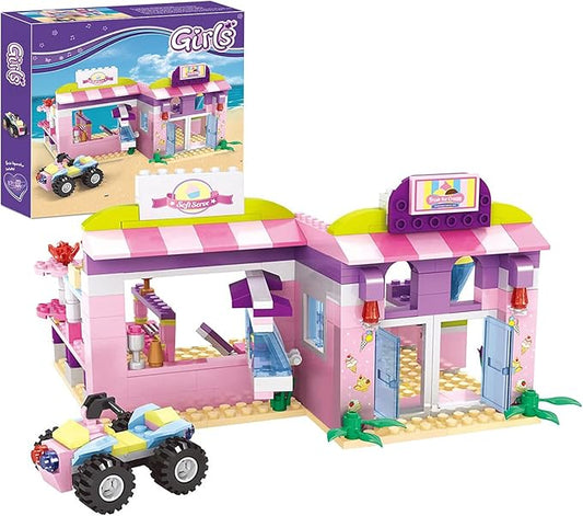 BRICK STORY Girls Friends Ice Cream Shop Building Set Pink Beach Ice Cream Dessert Store Building Blocks Toys with Beach Buggy Friends Beach Vacation Playset for Kids 6-12, 317 Pieces