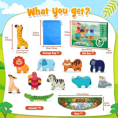 Animals Montessori Toddler Toys 2 3 4 5 6 7 Year Old Boys Girls Wooden Animal Blocks Stacking Toy Kids Easter Birthday Gifts for Boy Girl Age 3-7 Educational Toys Fine Motor Balance Game