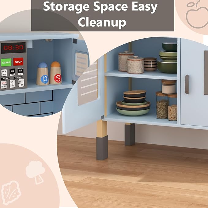 Play Kitchen for Kids, Wooden Kitchen Playset with Fruit Set, Light, Stove, Sink and Accessories, Interactive Toy Kitchen Gift for Boys Girls, Blue