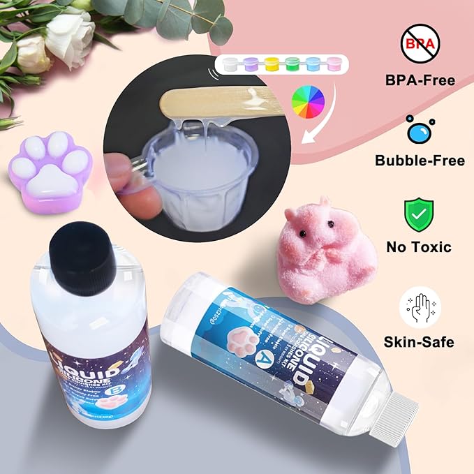 Taba Squishy Kit – 18oz 1:1 AB Liquid Silicone DIY Set with Paw, Cat, Cheese & Hamster Molds, Flocking Powder, Mixing Tools, Bubble-Free Texture – Make Your Own Squishies for Stress Relief & Fun