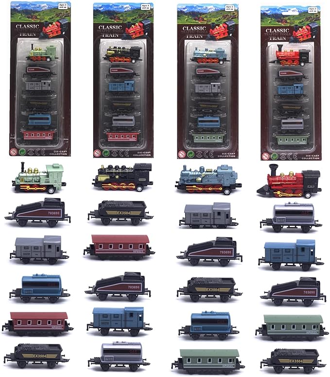 CORPER TOYS 4 Packs (24 Pieces) Pull Back Model Diecast Mini Train Toys Playset for 3 4 5 6 Year Old Boys Girls, Steam Train with Linkable Cars for Birthday Gifts