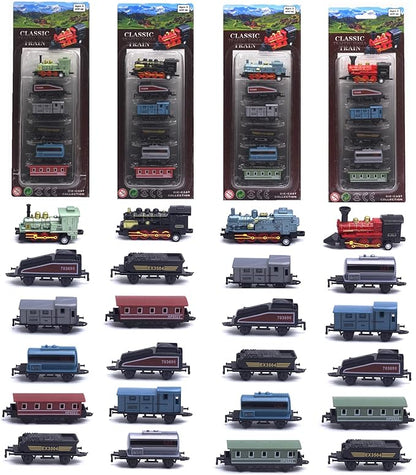 CORPER TOYS 4 Packs (24 Pieces) Pull Back Model Diecast Mini Train Toys Playset for 3 4 5 6 Year Old Boys Girls, Steam Train with Linkable Cars for Birthday Gifts