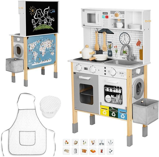 Kids Kitchen Playset with Garbage Classification, Wooden Pretend Play Kitchen with Sound and Light, Kitchen Set for Kids Equipped with Blackboard, Worldmap ect., Gift for Boys and Girls Aged 3+
