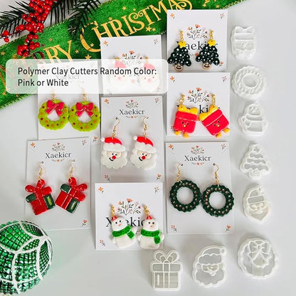 Xaekicr Christmas Polymer Clay Cutters Set – 8 Pcs Holiday Clay Earring Cutters for DIY Jewelry Making, Santa Tree Wreath Gifts – Clay Tools for Polymer Clay Molds Projects