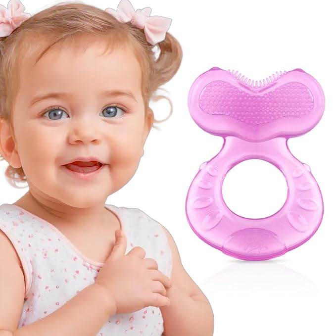 Nuby Silicone Teethe-eez Teether with Bristles, Includes Hygienic Case, Pink