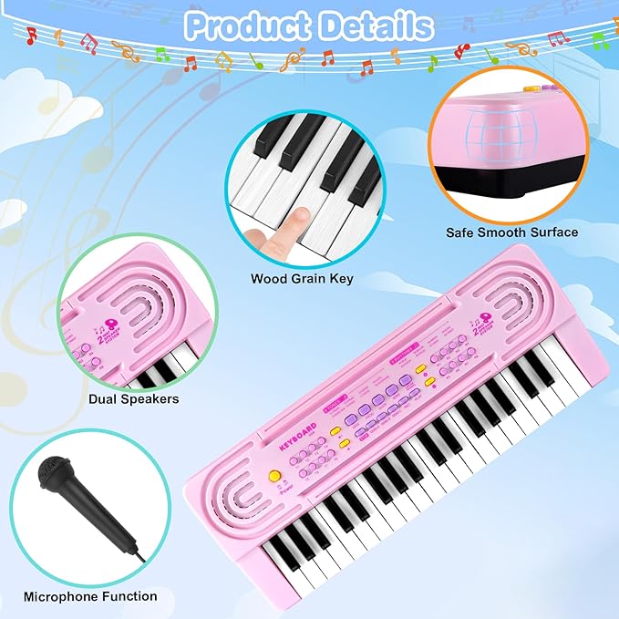Kids Toddler Toy Piano Keyboard - 37 Key Pianos for Kid Music Toys Instruments with Microphone | Explore Creativity, Perfect Birthday for 3-8 Year Old (Pink)