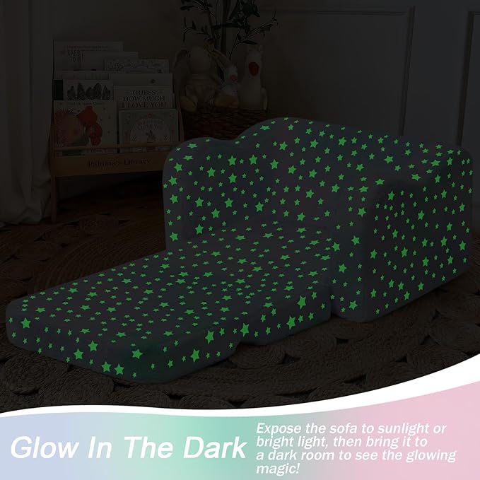 Folding Toddler Chair, Soft Plush Fold Out Kids Couch Sofa Glow in The Dark, Comfy Baby Recliner for Girls Boys (Colorful Star)