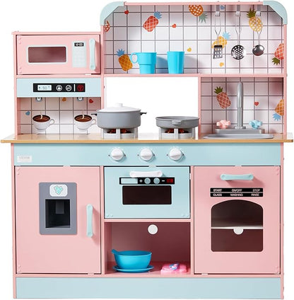 VEVOR Wooden Play Kitchen Toy, Play Kitchen for Kids with Lights and Sounds, Toddler Kitchen with Ice Maker, Oven, Sink, Microwaves, Fridge and Utensil and Fruit Accessory for Toddlers Ages 3-8, Pink