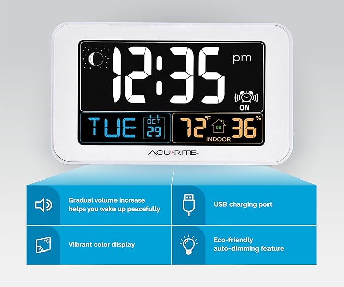 AcuRite Intelli-Time Digital Alarm Clock for Bedroom with USB Charger, Indoor Temperature and Humidity for Heavy Sleepers (13040CA)