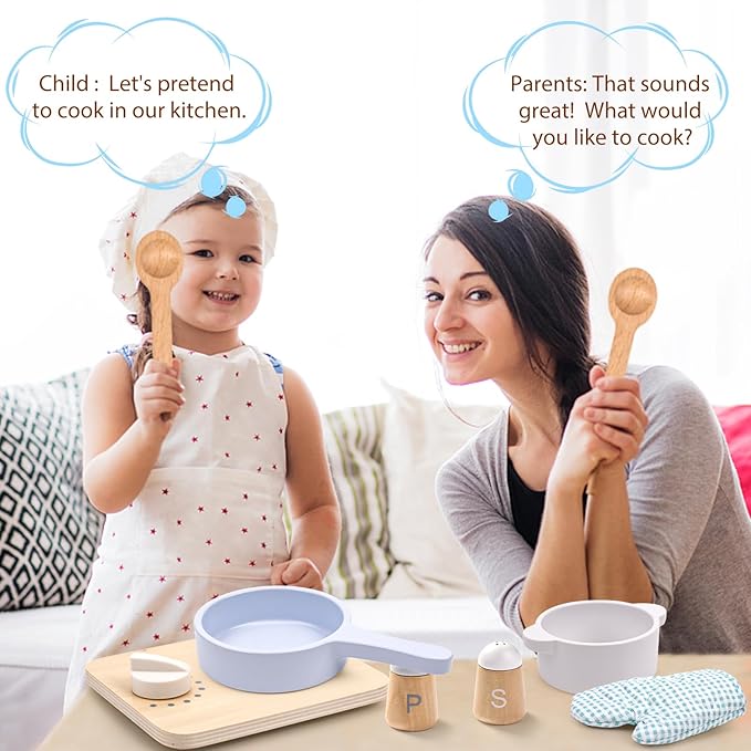 Wood Kids Play Kitchen Accessories Set, Pretend Play Cooking Toys Set, Kitchen Toys Playset for Toddlers, Toy Pots and Pans for Kids Kitchen with Fake Play Food Cookware, Girls Boys Gift