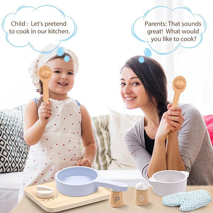 Wood Kids Play Kitchen Accessories Set, Pretend Play Cooking Toys Set, Kitchen Toys Playset for Toddlers, Toy Pots and Pans for Kids Kitchen with Fake Play Food Cookware, Girls Boys Gift