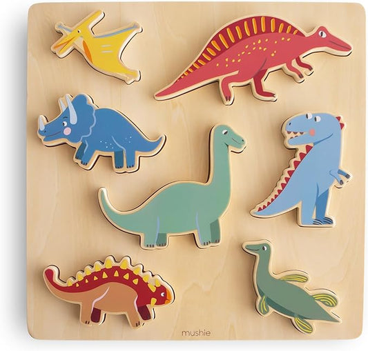 mushie Wooden Dino Puzzle | for Kids 3 Years+ | Preschool Educational & Toddler Montessori Toys (7 pcs)