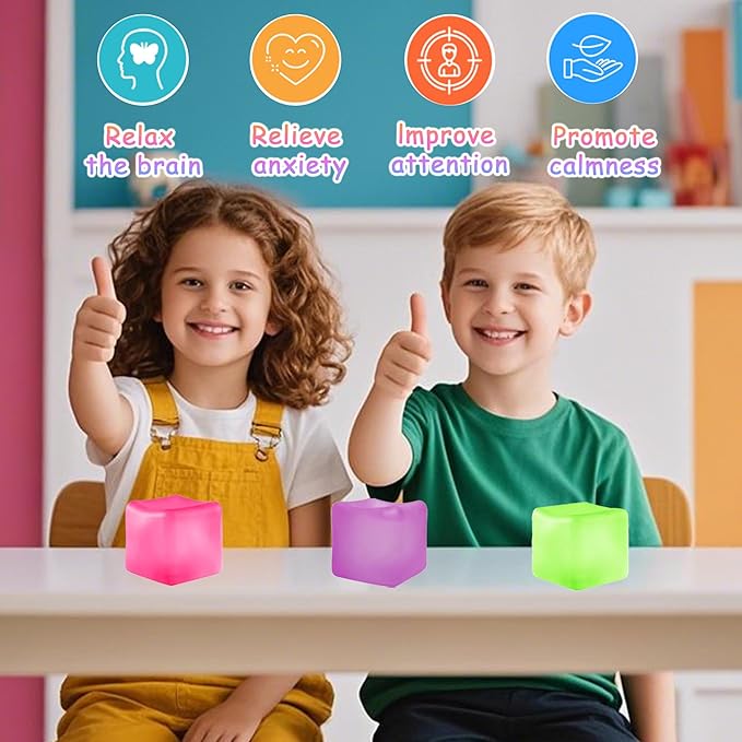 3Pcs Stress Cube Squishy Toys, Slow Rising Ice Cube Stress Balls, Sensory Fidget Toys for Anxiety Relief, Sensory Ice Cube Gel Filled Squishy Ball Toys for ADD/ADHD Kids Adults(Purple,Green,Pink)