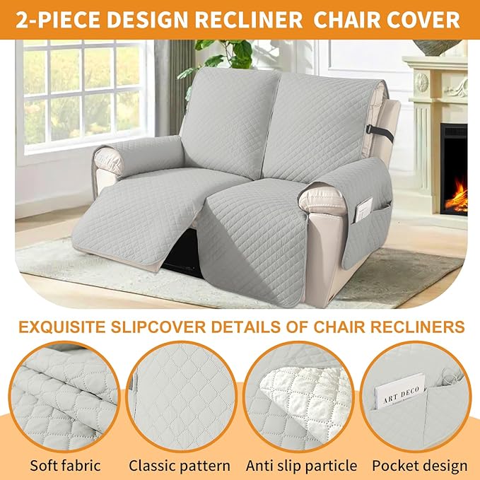 XINEAGE Water Resistant Recliner Cover, 2 seat Recliner Loveseat Covers with Pockets, Quilted Thick Recliner Protector Cover for Dog Pets with Non Slip Backing and Strap(Recliner Loveseat,Light Gray)