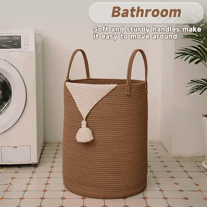 JMvicyroam Large Woven Laundry Basket Hamper,100L Cotton Rope Storage Bin for Blankets,Toys and Clothes,Decorative Tall Nursery Hamper for Living Room,Baby Nursery,Bathroom and Bedroom,Golden Jute