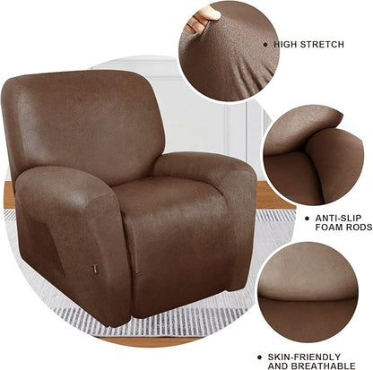 molasofa Recliner Chair Covers Large Size Oversized - 4 Pieces Leather Like Extra Large Recliner Chair Covers Stretch Recliner Slipcover for Lazy Boy Wide Recliner Chair Washable (Brown)